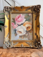 Roses: 1930s Double-Sided Painting with Blossom Trees on the Reverse and Original Gilt Frame