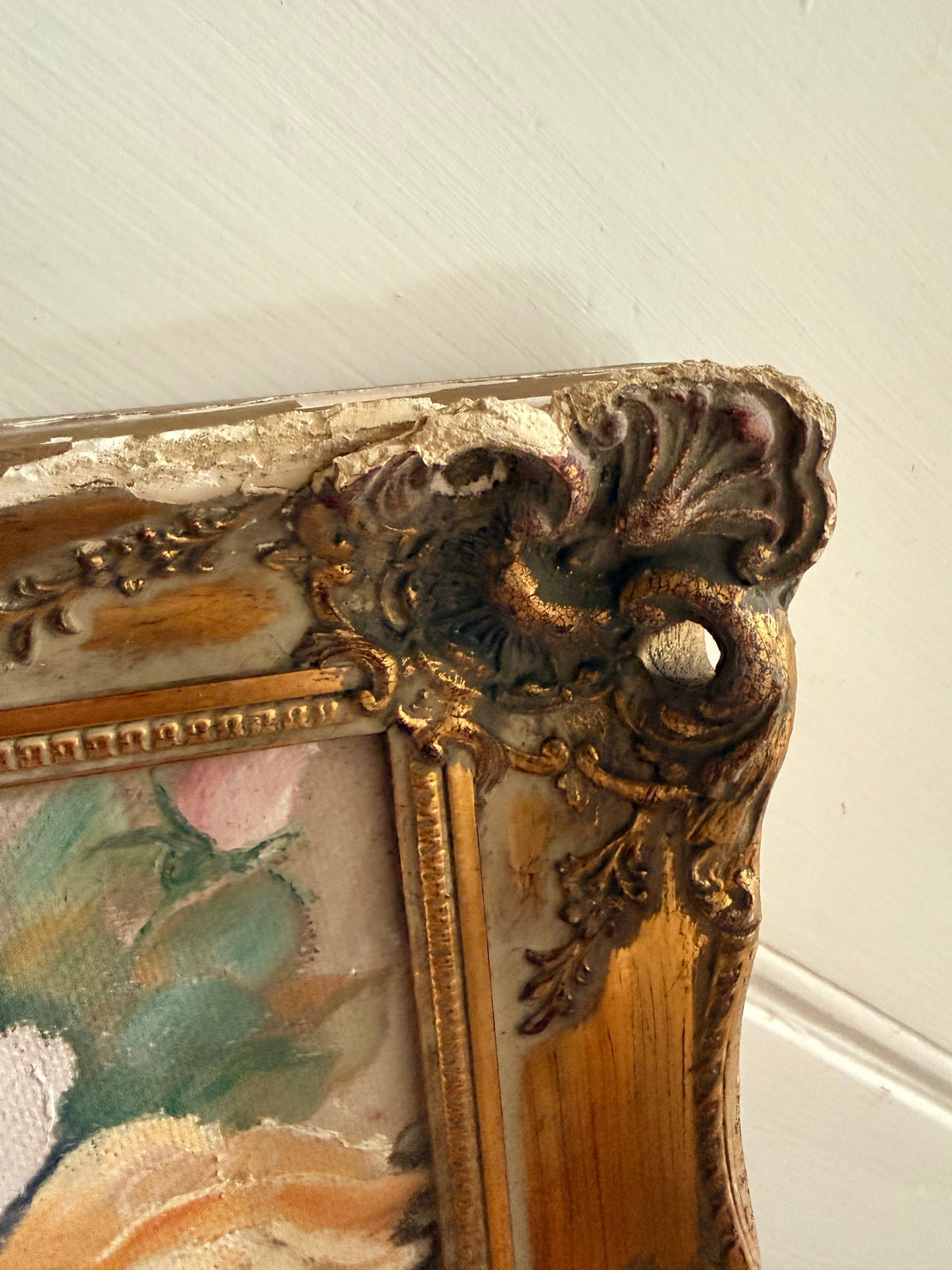 Roses: 1930s Double-Sided Painting with Blossom Trees on the Reverse and Original Gilt Frame