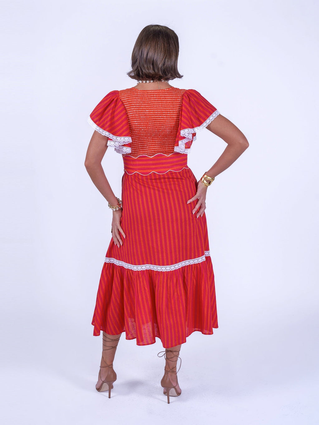 'FEATHER' DRESS IN ORANGE/ PINK STRIPE