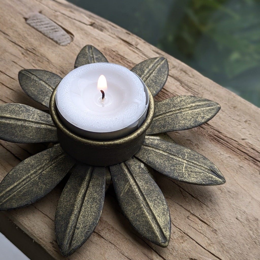 Flower Shaped Antique Brushed Gold Tealight Votive| Gift Set