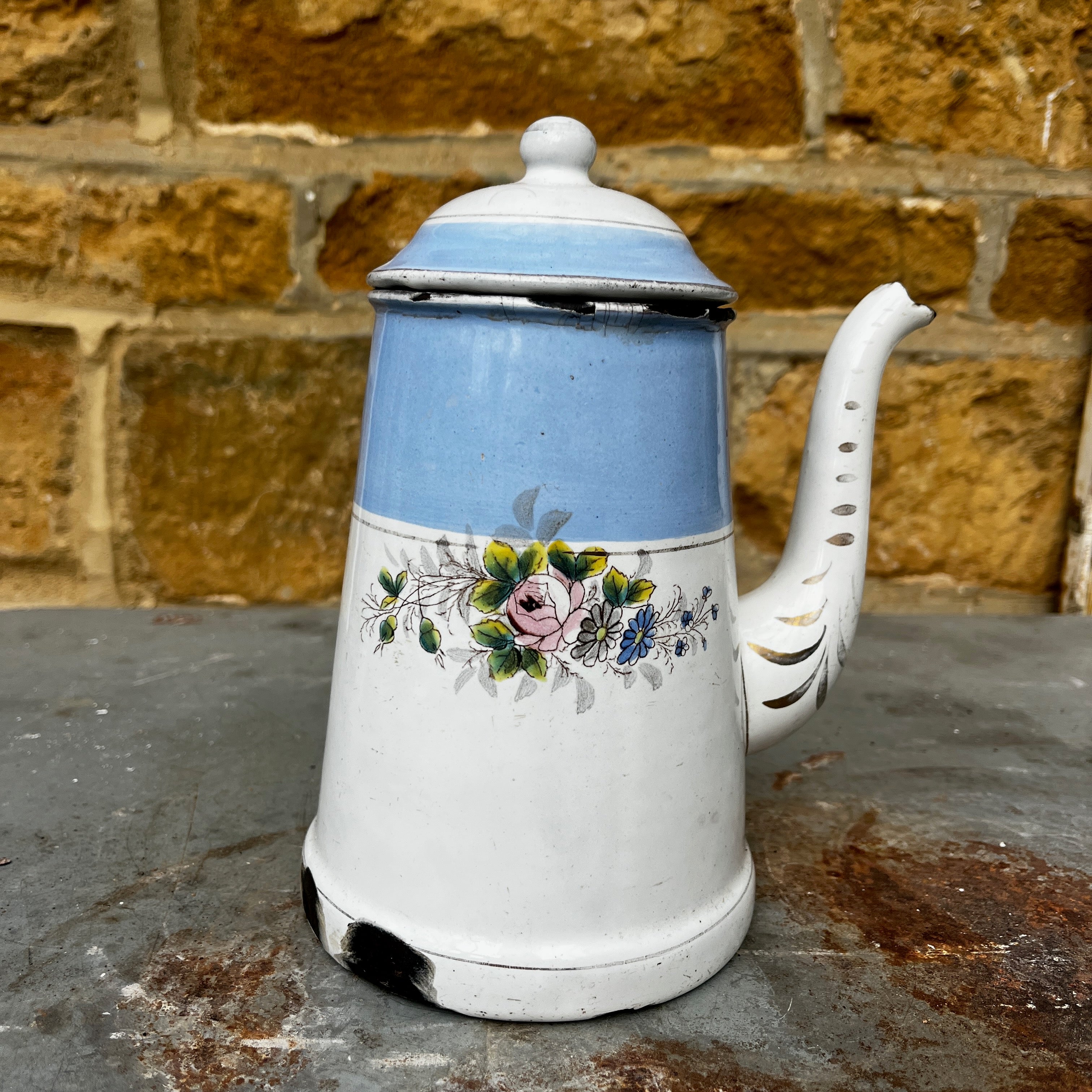Antique Austro-Bohemian Enamel Blue & White Coffee Pot