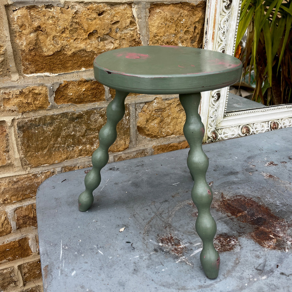 Vintage French three legged green stool with bobbin turned legs