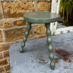 Vintage French three legged green stool with bobbin turned legs