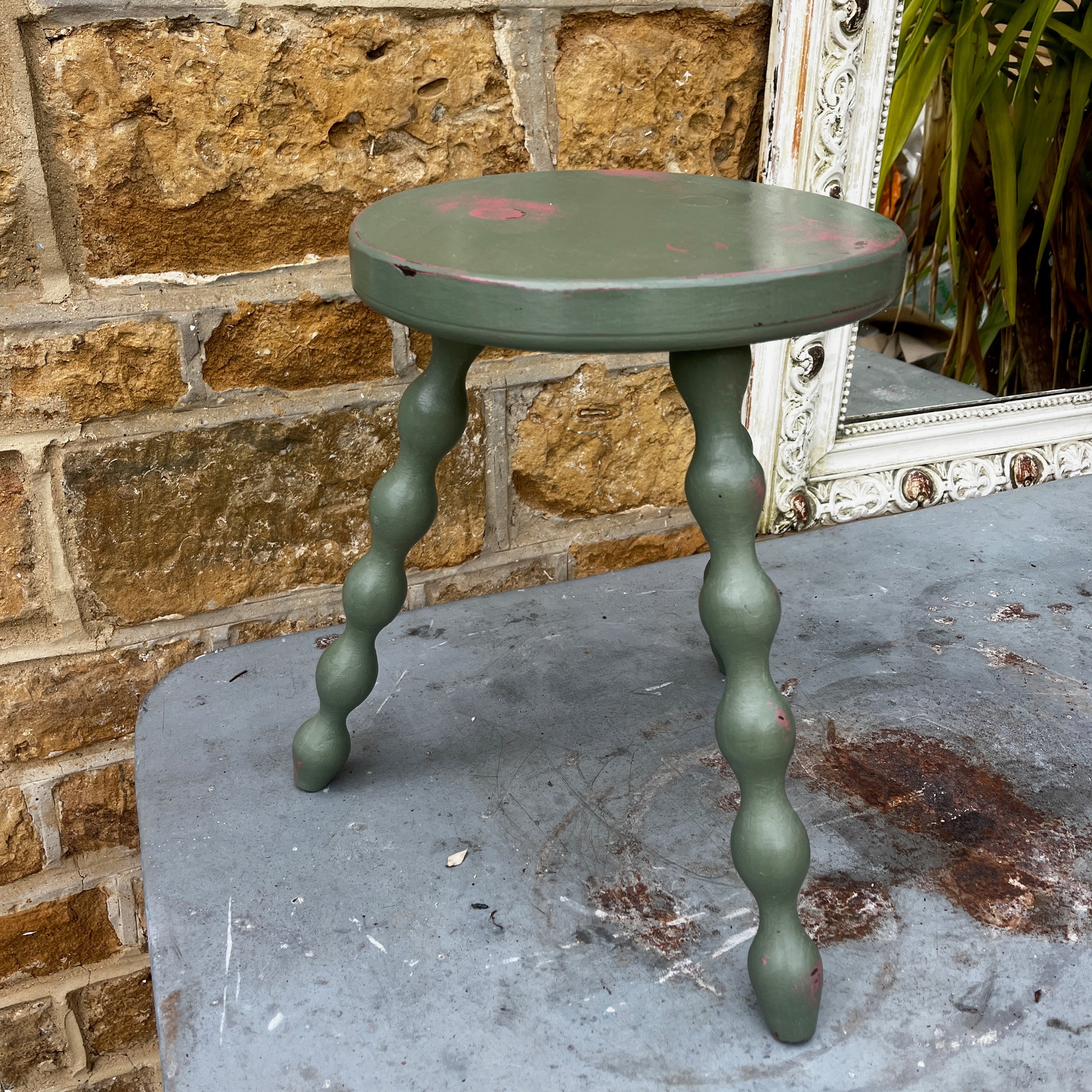 Vintage French three legged green stool with bobbin turned legs