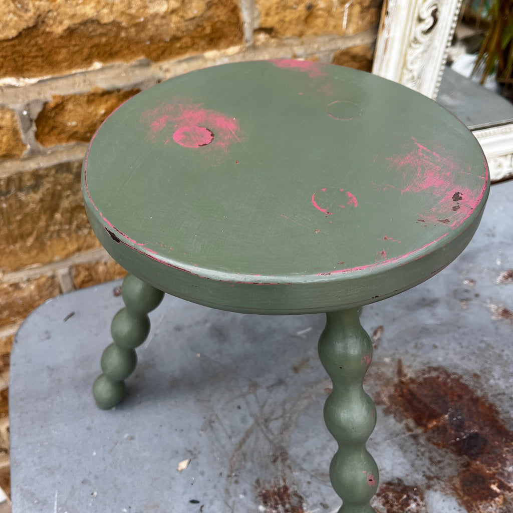 Vintage French three legged green stool with bobbin turned legs