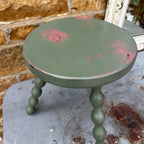 Vintage French three legged green stool with bobbin turned legs