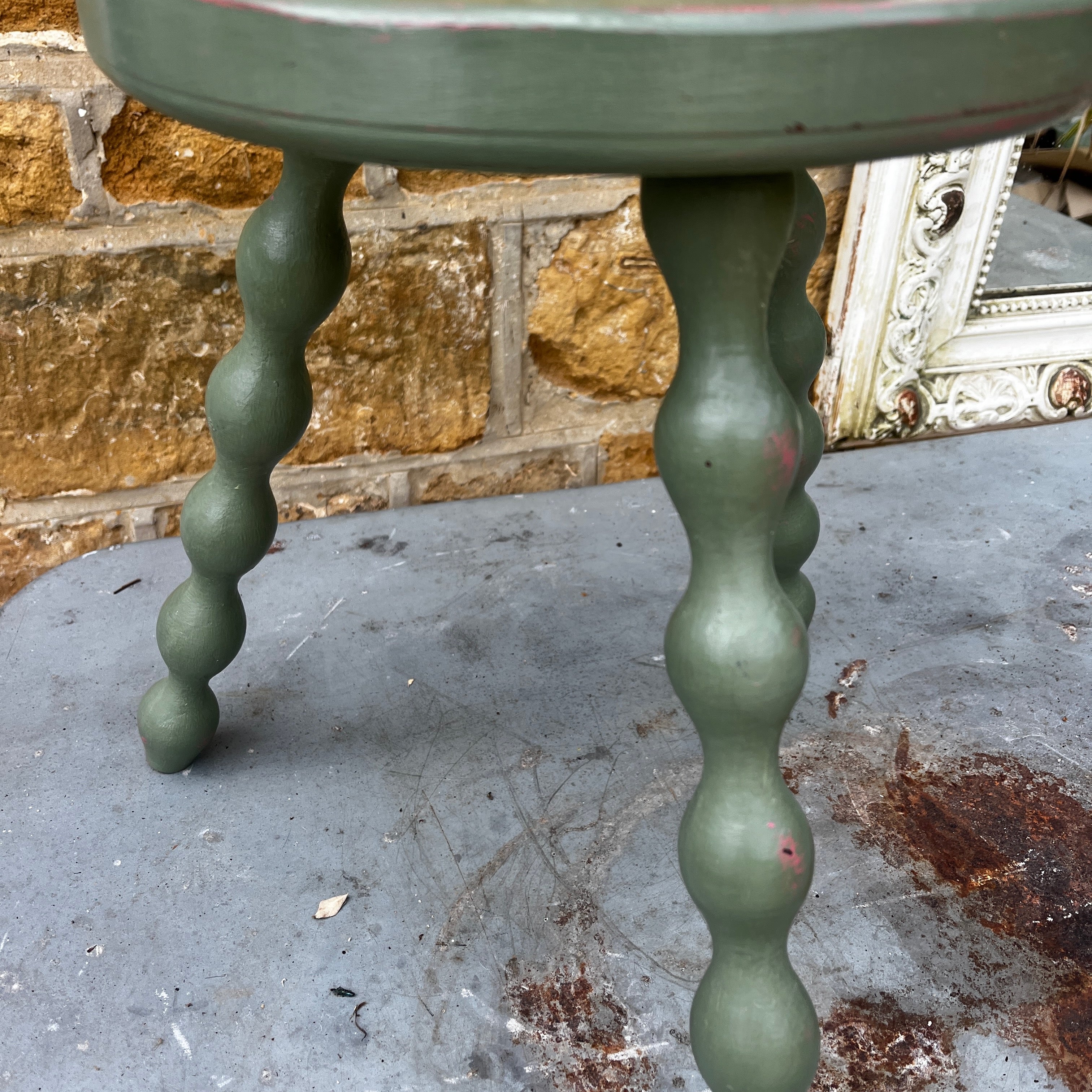 Vintage French three legged green stool with bobbin turned legs