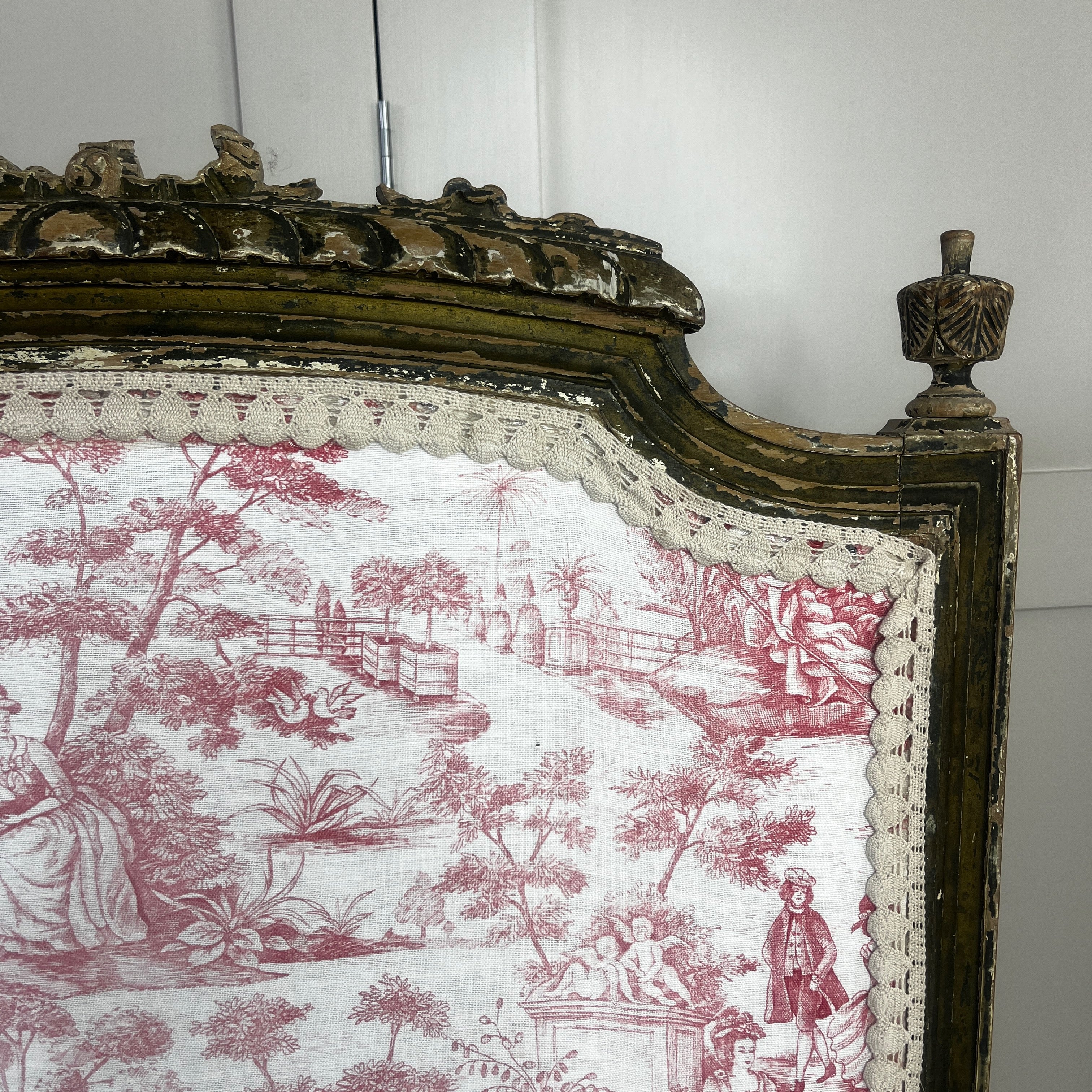 Ornate Vintage French Fire Screen with Toile de Jouy Fabric and a Wooden Frame