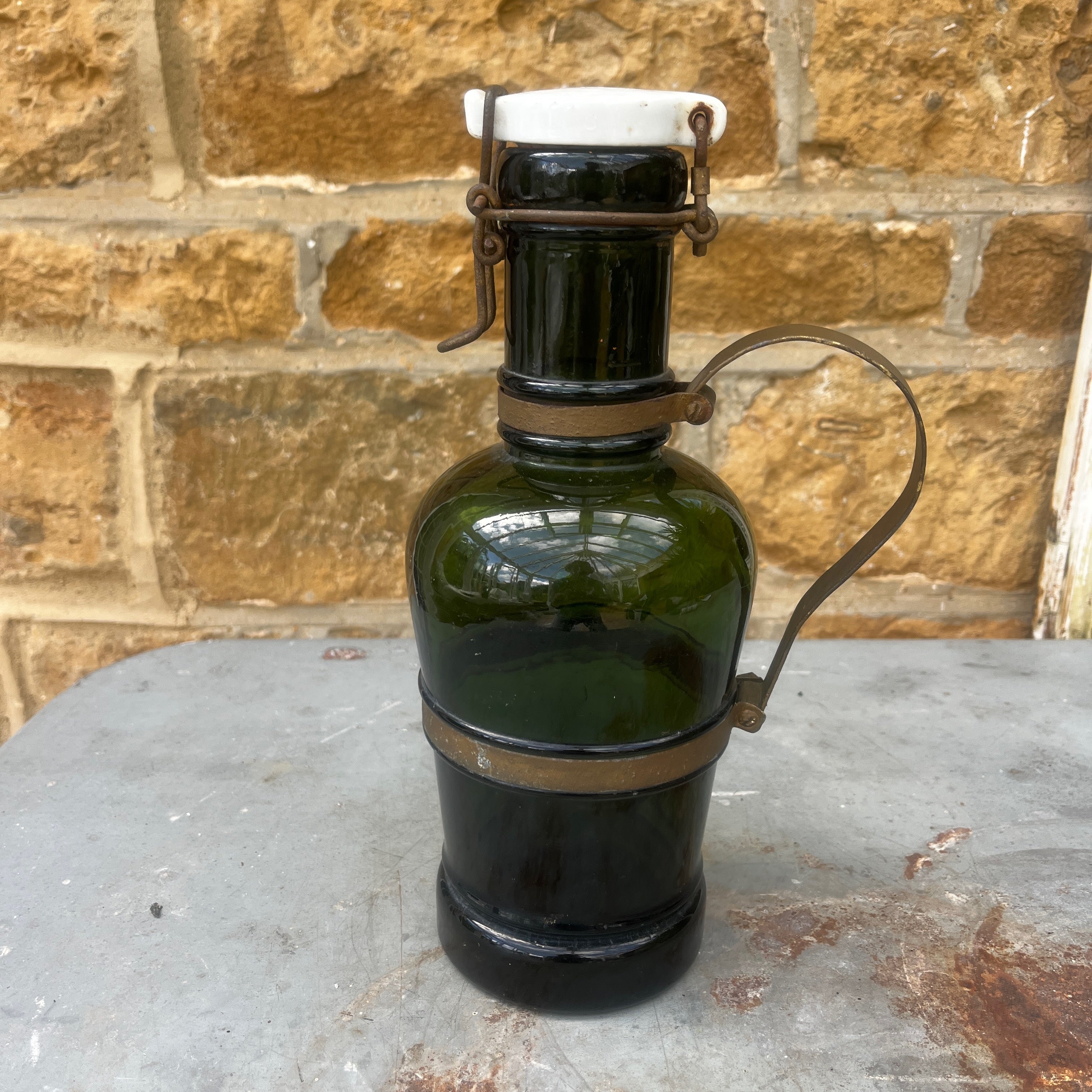 Antique French Bottle with Ceramic Stopper and Metal Handle