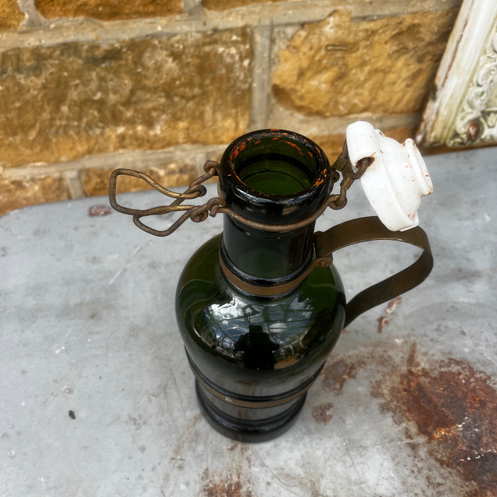 Antique French Bottle with Ceramic Stopper and Metal Handle