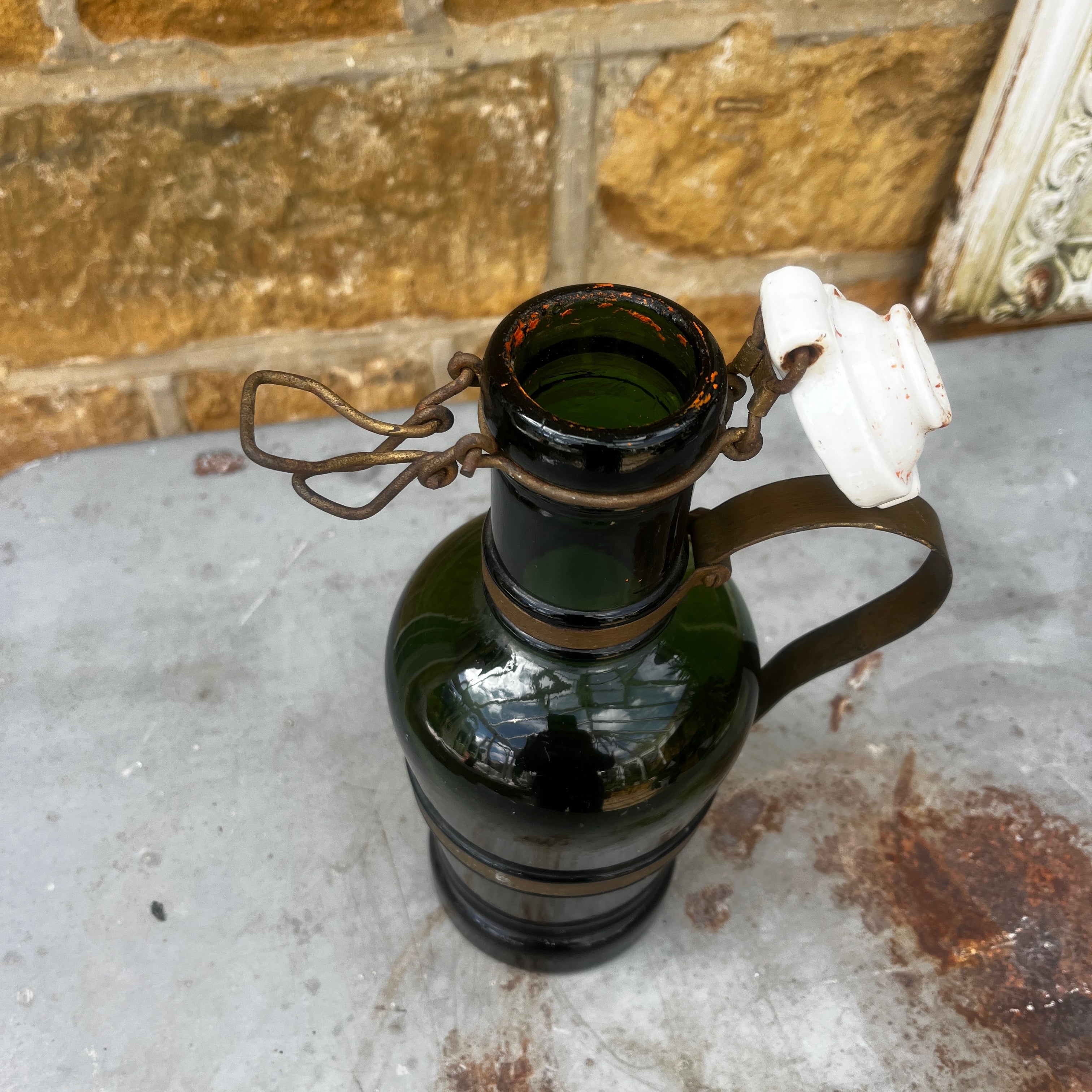 Antique French Bottle with Ceramic Stopper and Metal Handle