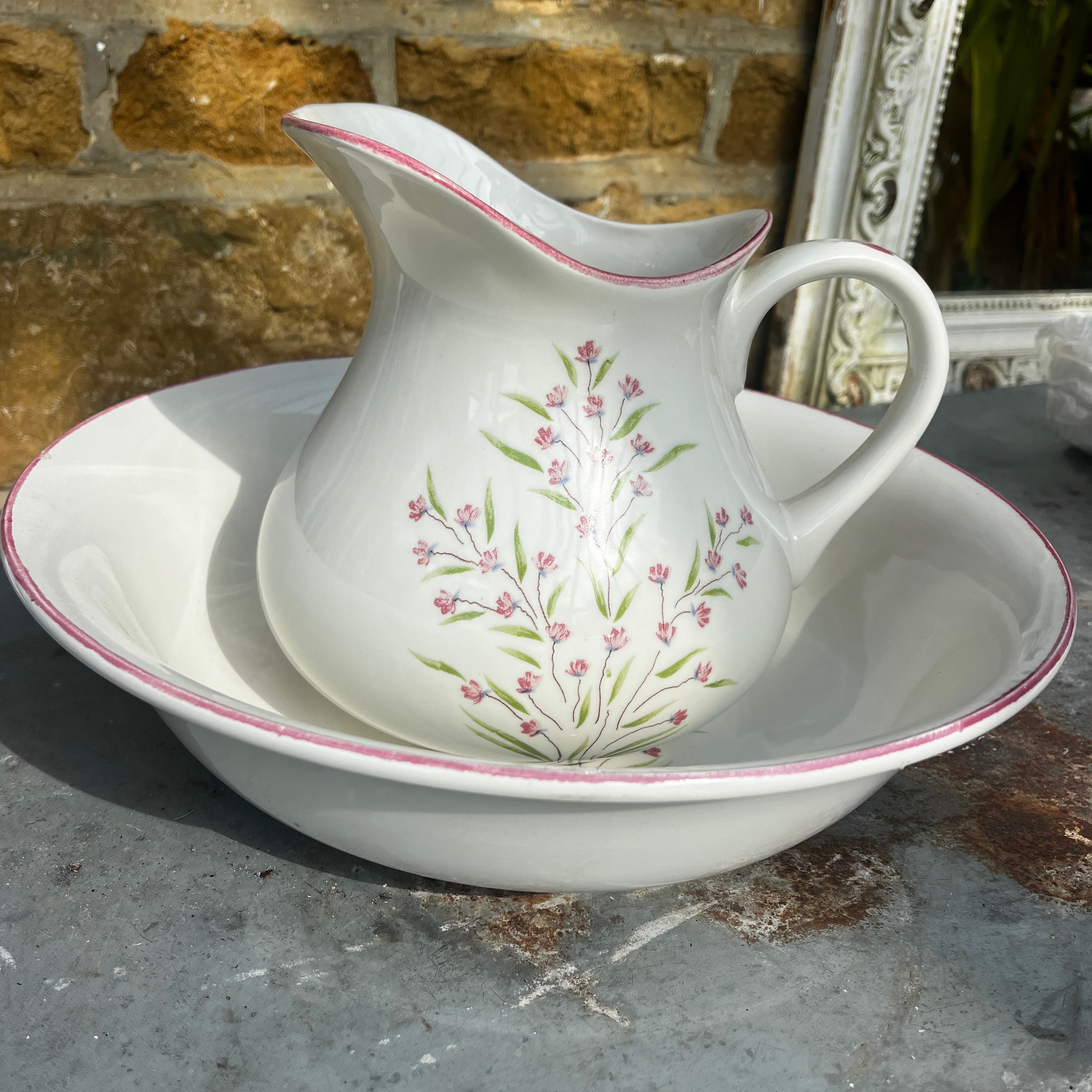 Vintage French Moulin des Loups Ceramic Wash Basin & Pitcher