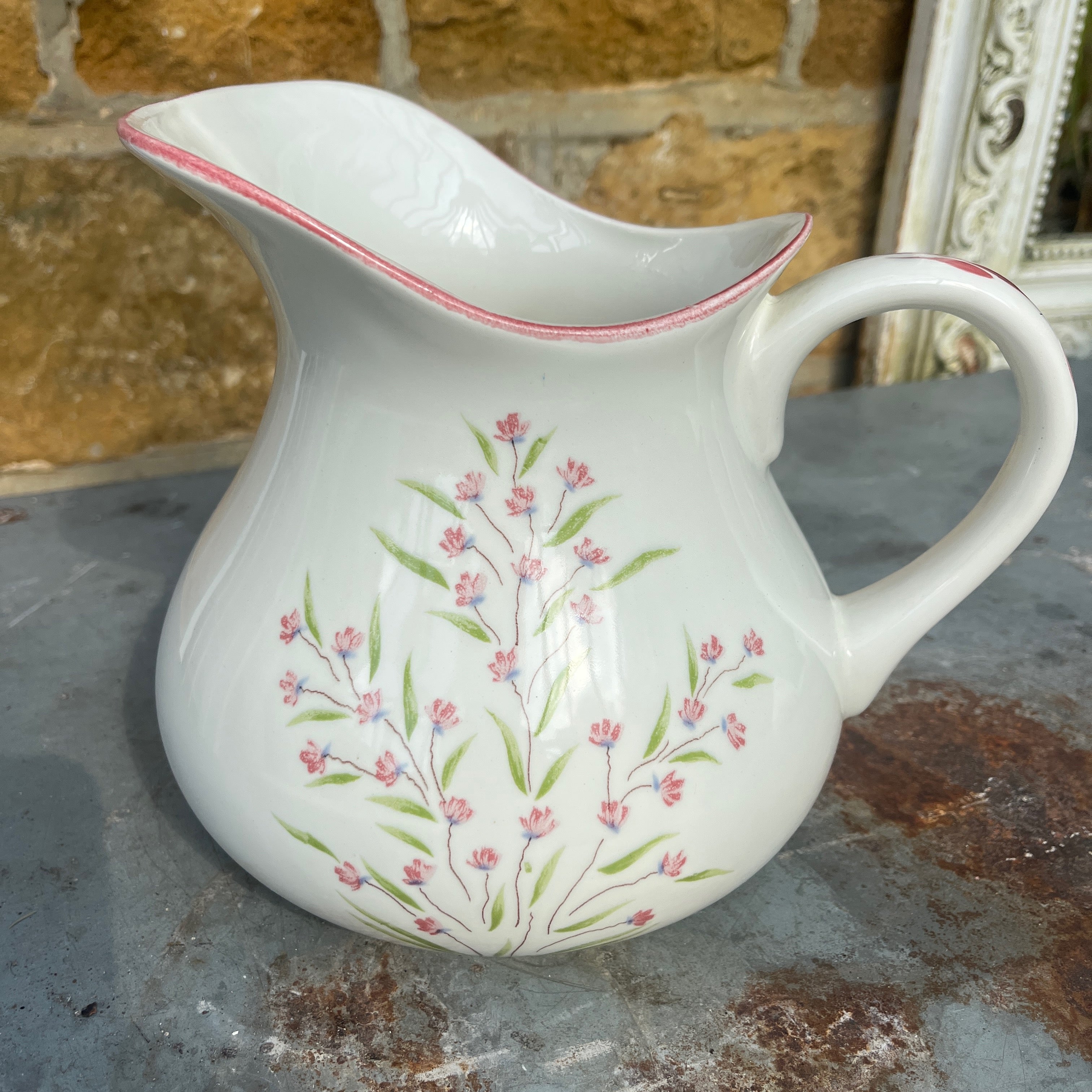 Vintage French Moulin des Loups Ceramic Wash Basin & Pitcher