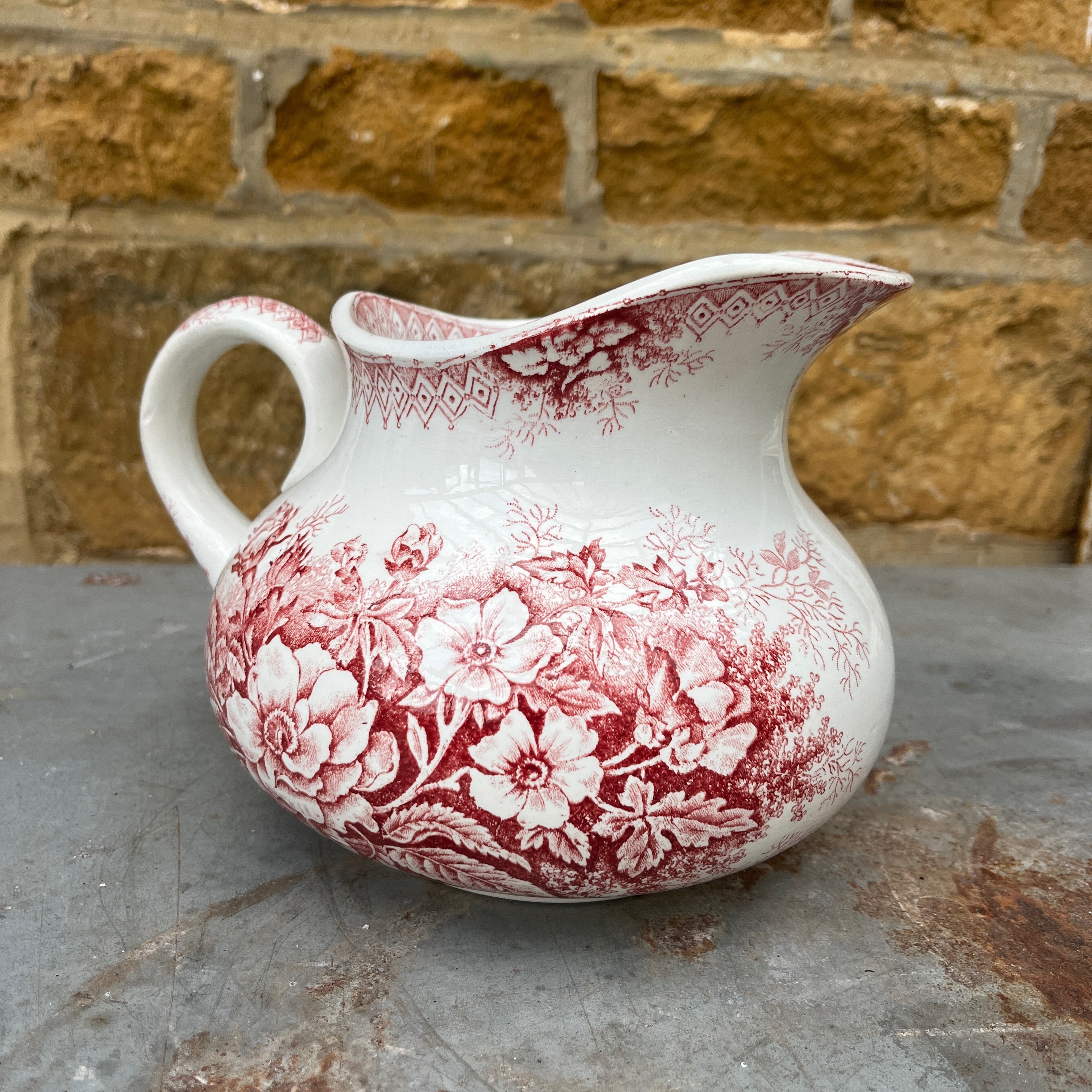 Antique French Red Transferware Ironstone Jug by Moulin des Loups