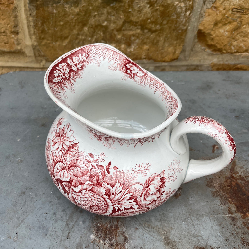 Antique French Red Transferware Ironstone Jug by Moulin des Loups