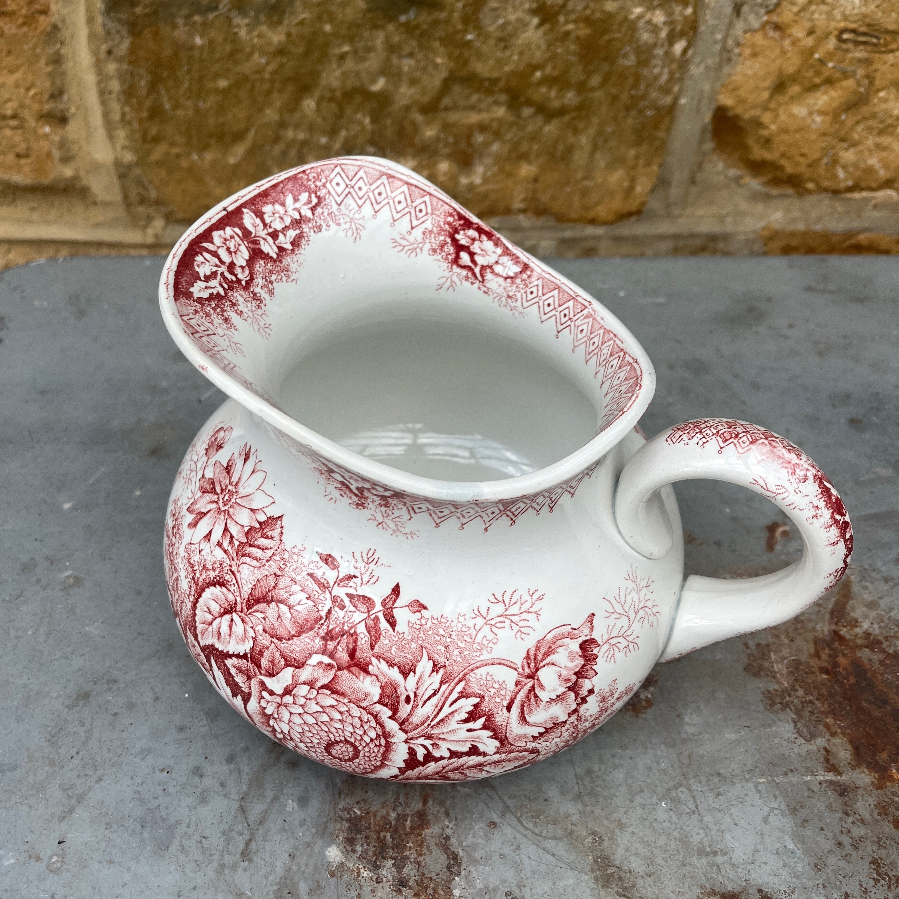 Antique French Red Transferware Ironstone Jug by Moulin des Loups