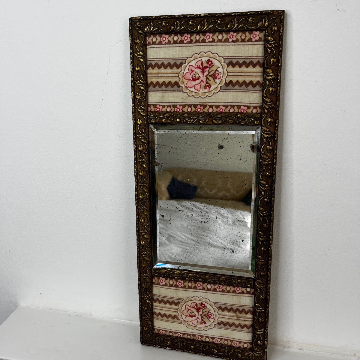 Vintage French Decorative Mirror featuring Carved Gilt Wood and Floral Fabric Panels