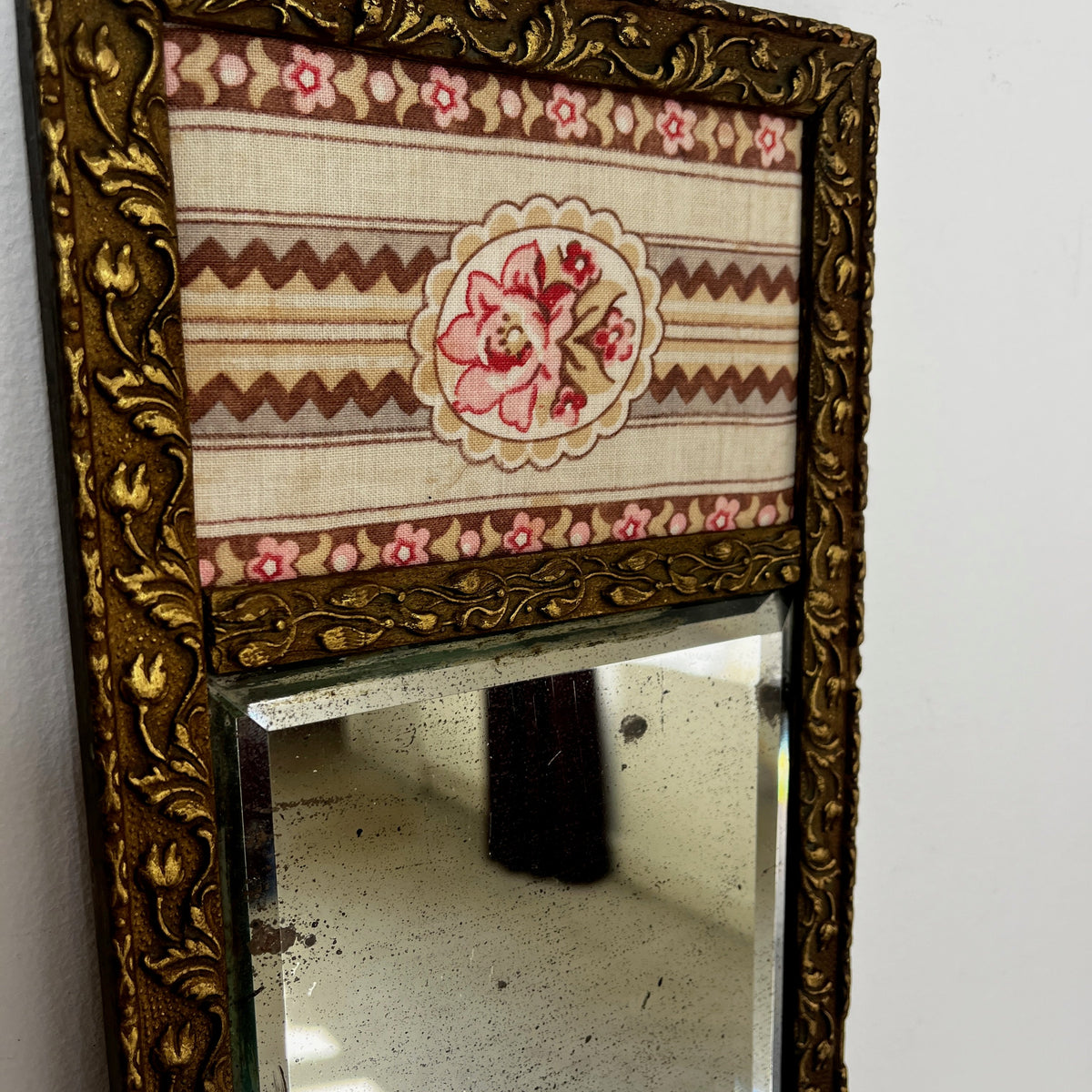 Vintage French Decorative Mirror featuring Carved Gilt Wood and Floral Fabric Panels