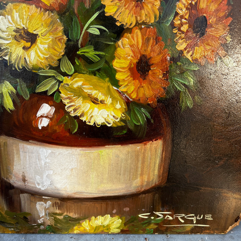 Vintage French Oil Painting of Marigolds in a Vase by C. Jarque
