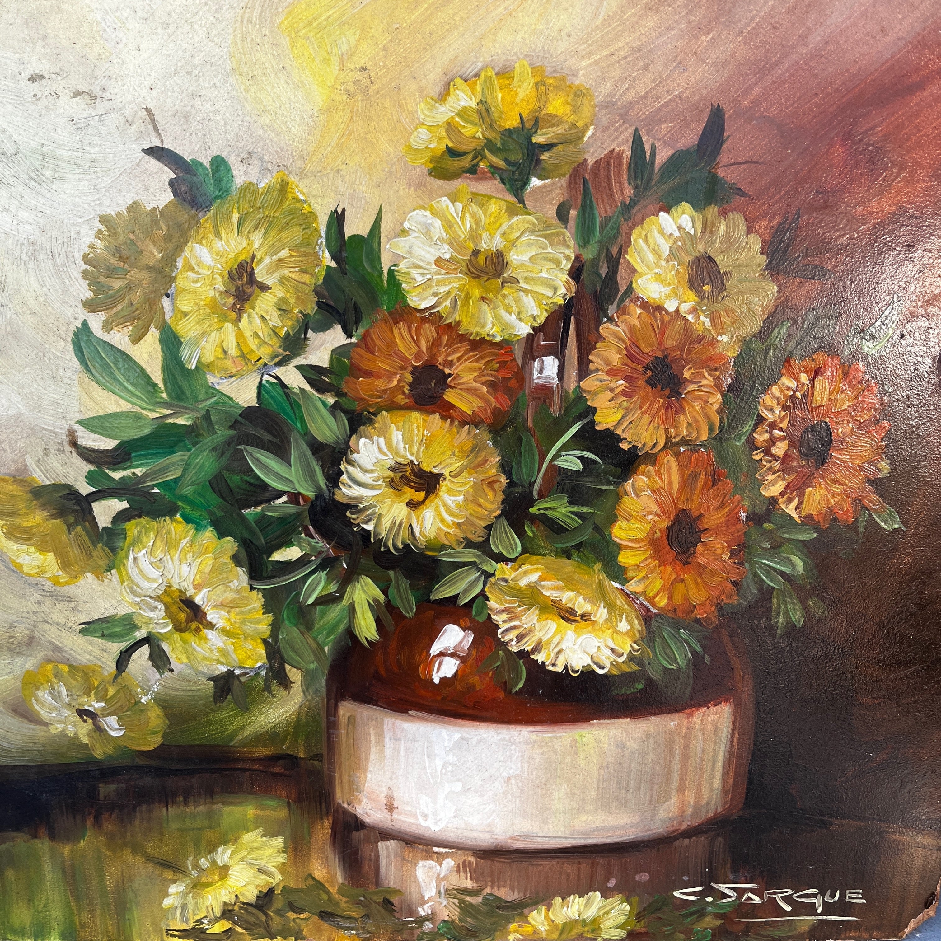 Vintage French Oil Painting of Marigolds in a Vase by C. Jarque