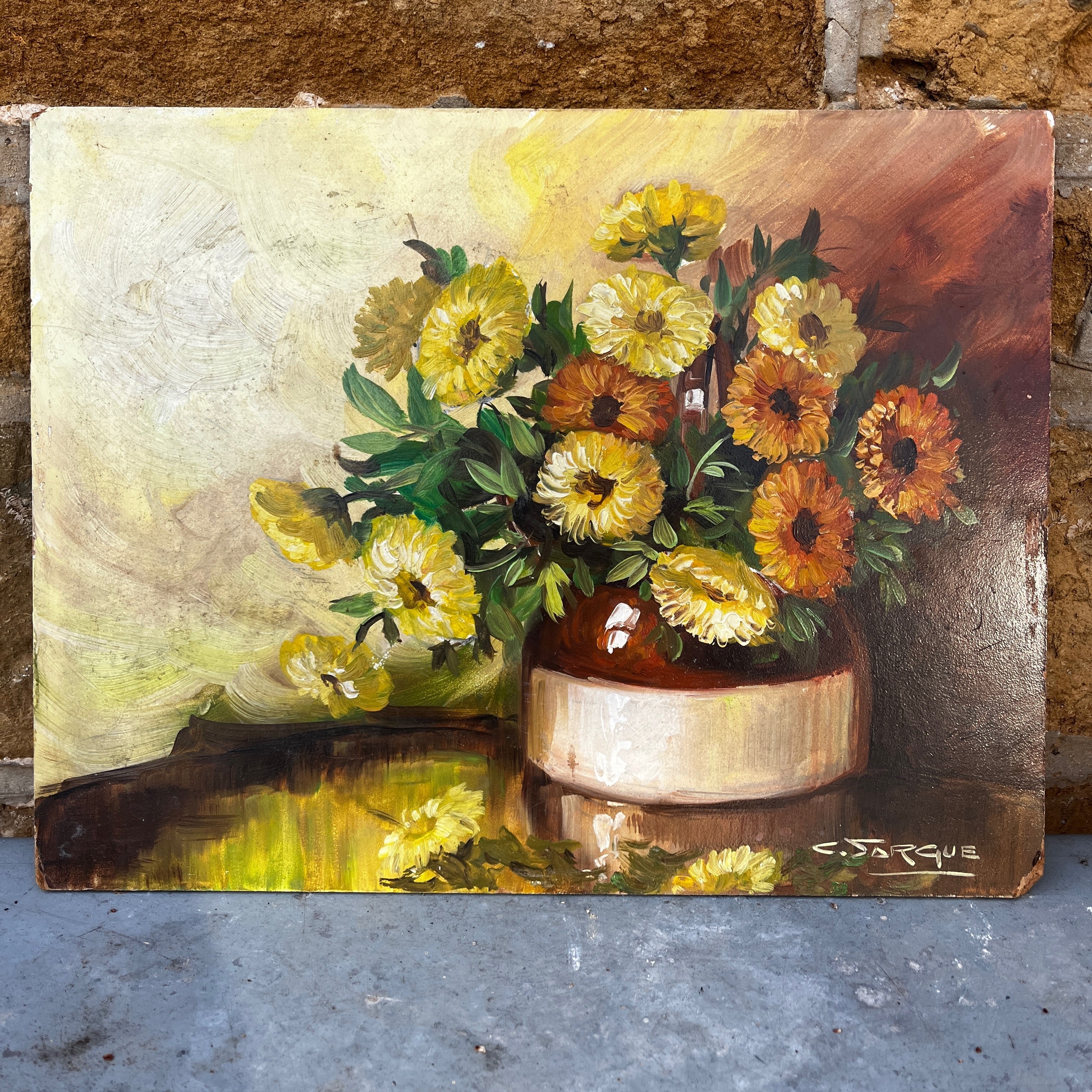 Vintage French Oil Painting of Marigolds in a Vase by C. Jarque