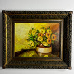 Vintage French Oil Painting of Marigolds in a Vase by C. Jarque