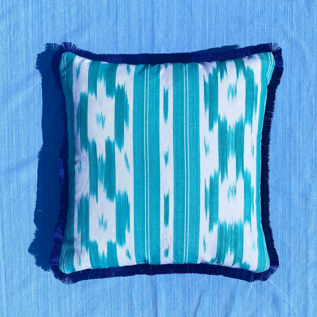 Turquoise Ikat Frill Cushion