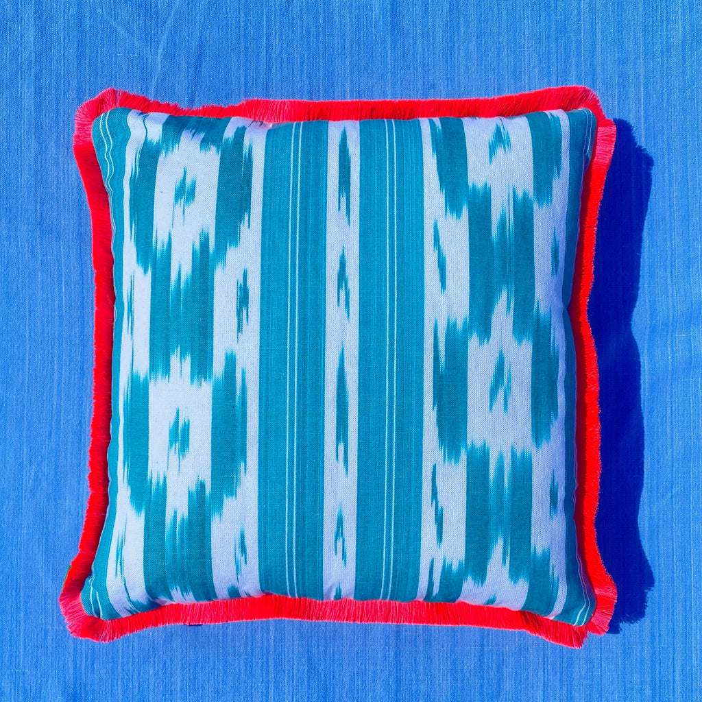 Turquoise Ikat Frill Cushion