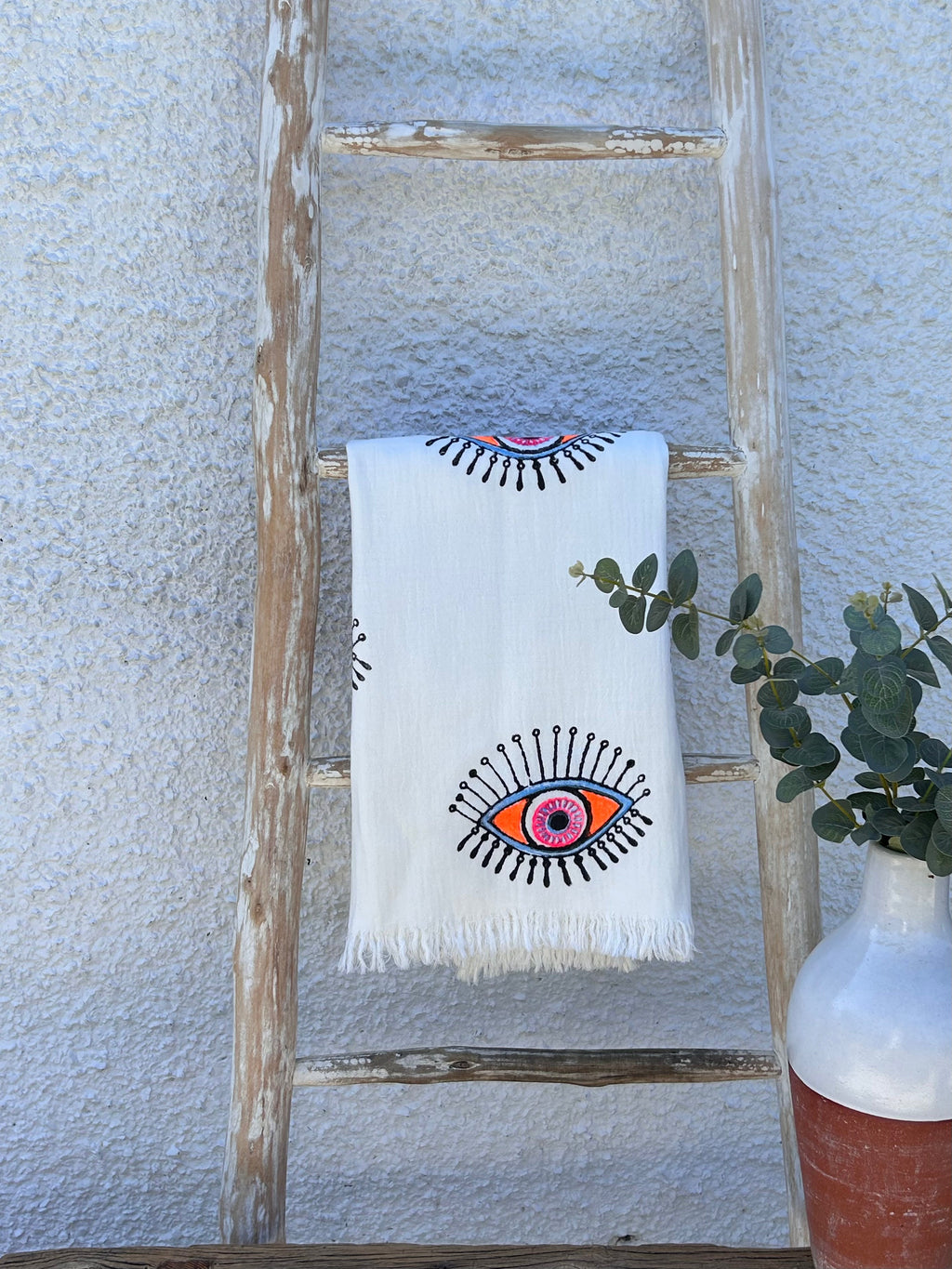 White with Orange Eye Organic Cotton Peshtemal Towel