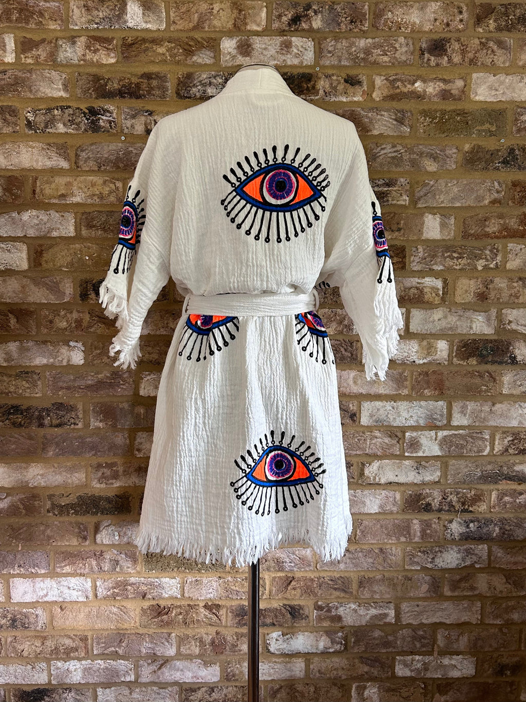 Organic Kimono in White with Orange & Purple Eye: Short