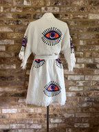 Organic Kimono in White with Orange & Purple Eye: Short