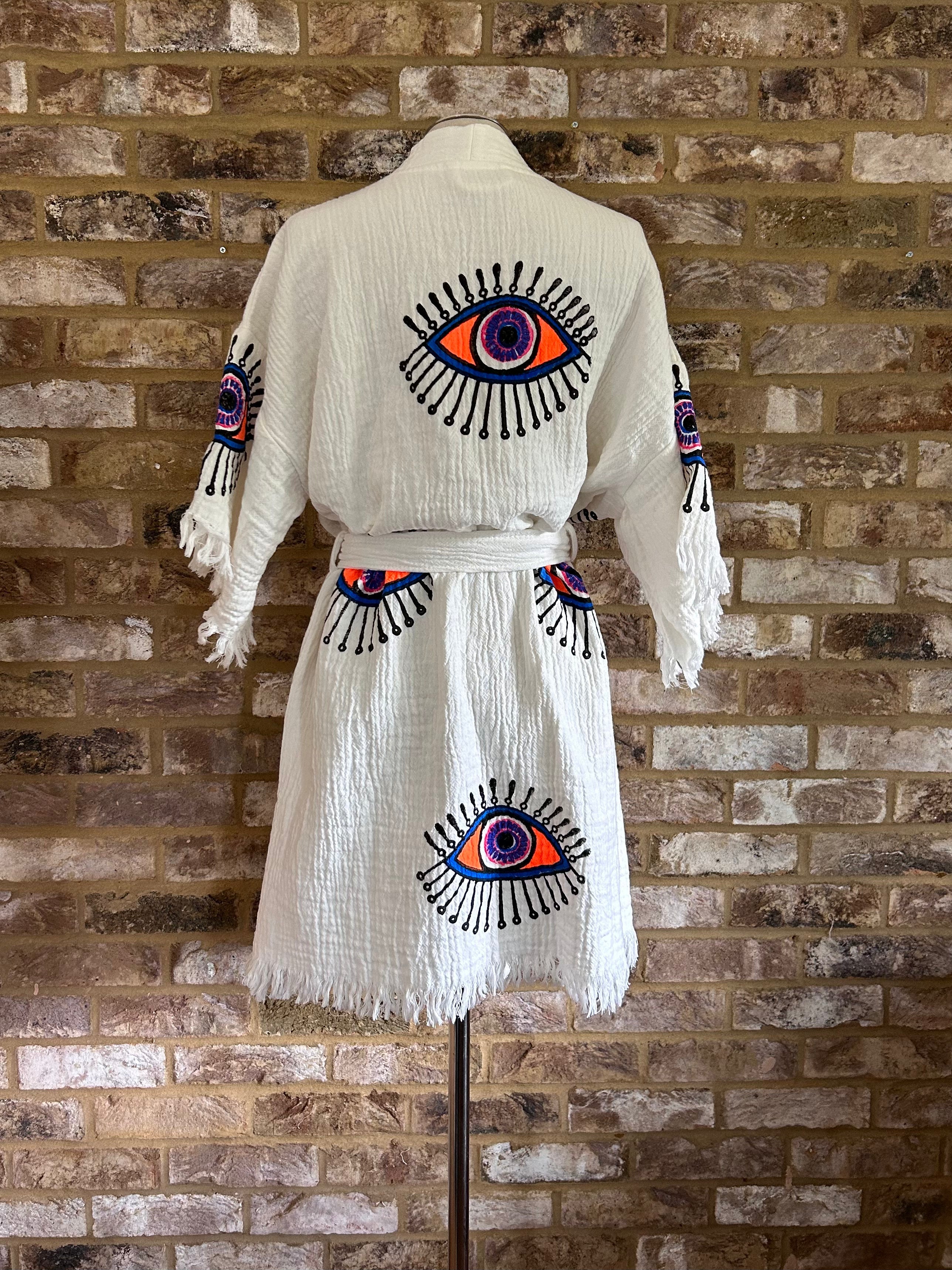 Organic Kimono in White with Orange & Purple Eye: Short