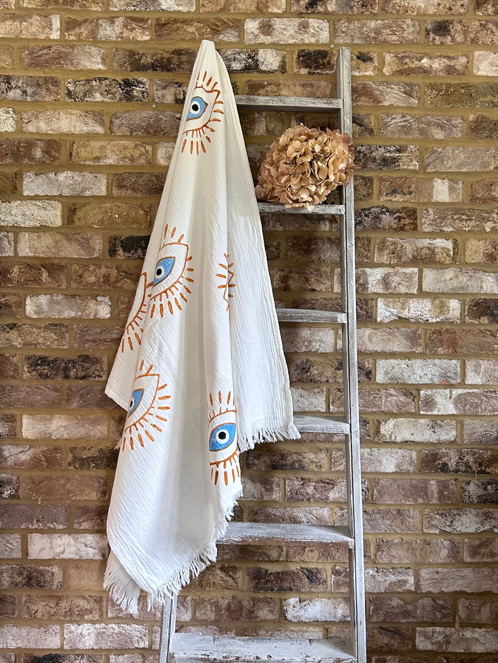 White with Orange & Blue Eye Organic Cotton Peshtemal Towel