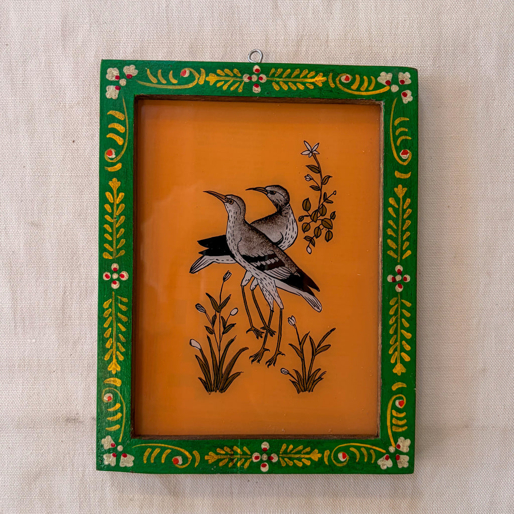 PAIR OF BIRDS ORANGE BACKGROUND Indian glass painting