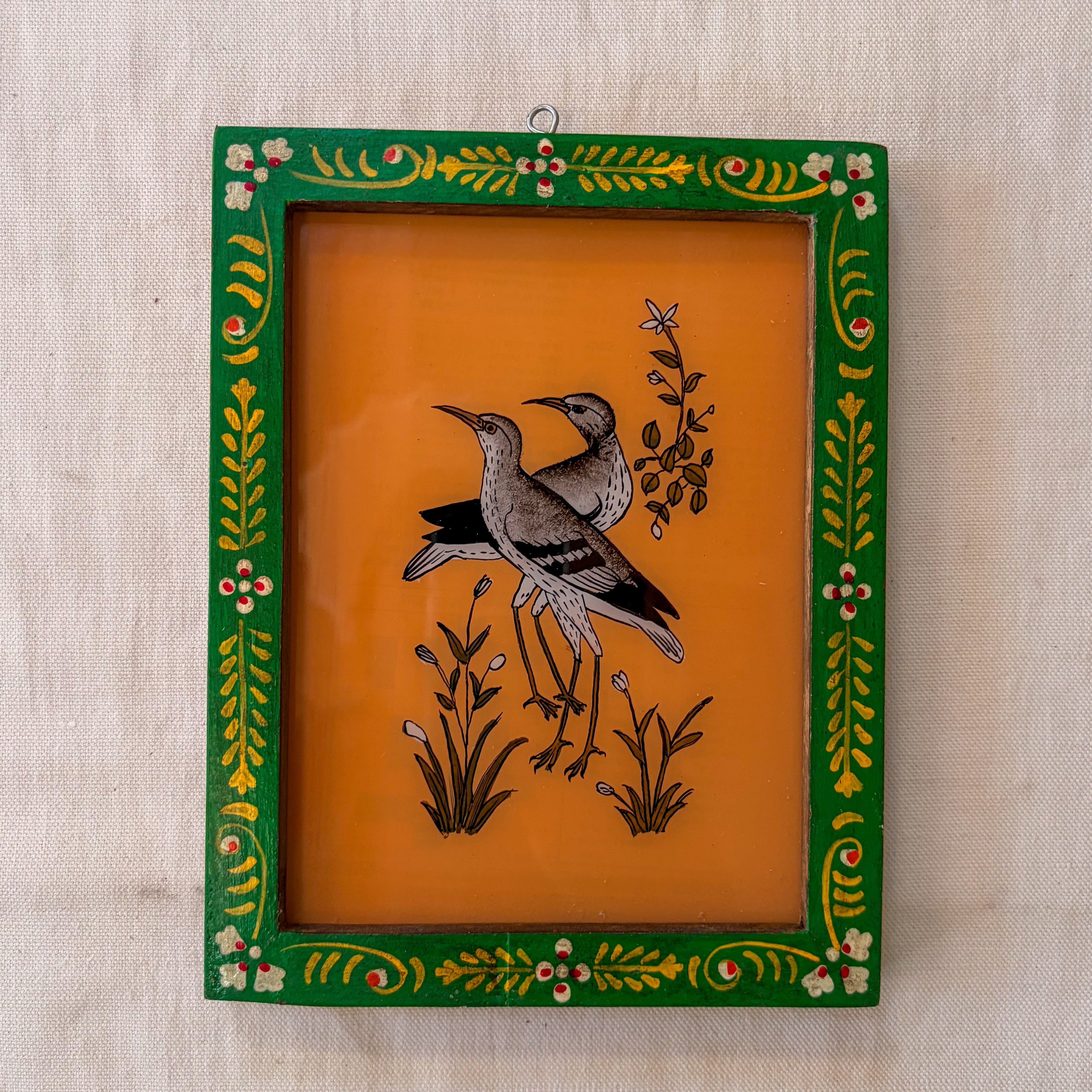 PAIR OF BIRDS ORANGE BACKGROUND Indian glass painting
