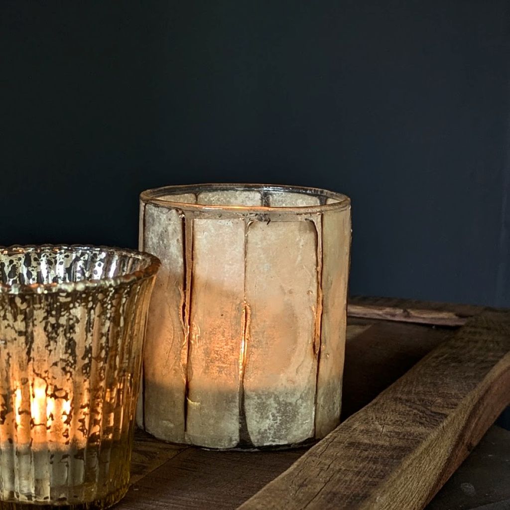 Embedded Paper Stripe Glass Votive | 8cm