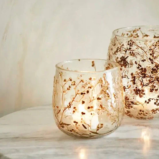 Large Glass Votive With Dried Embedded Flowers | 10cm