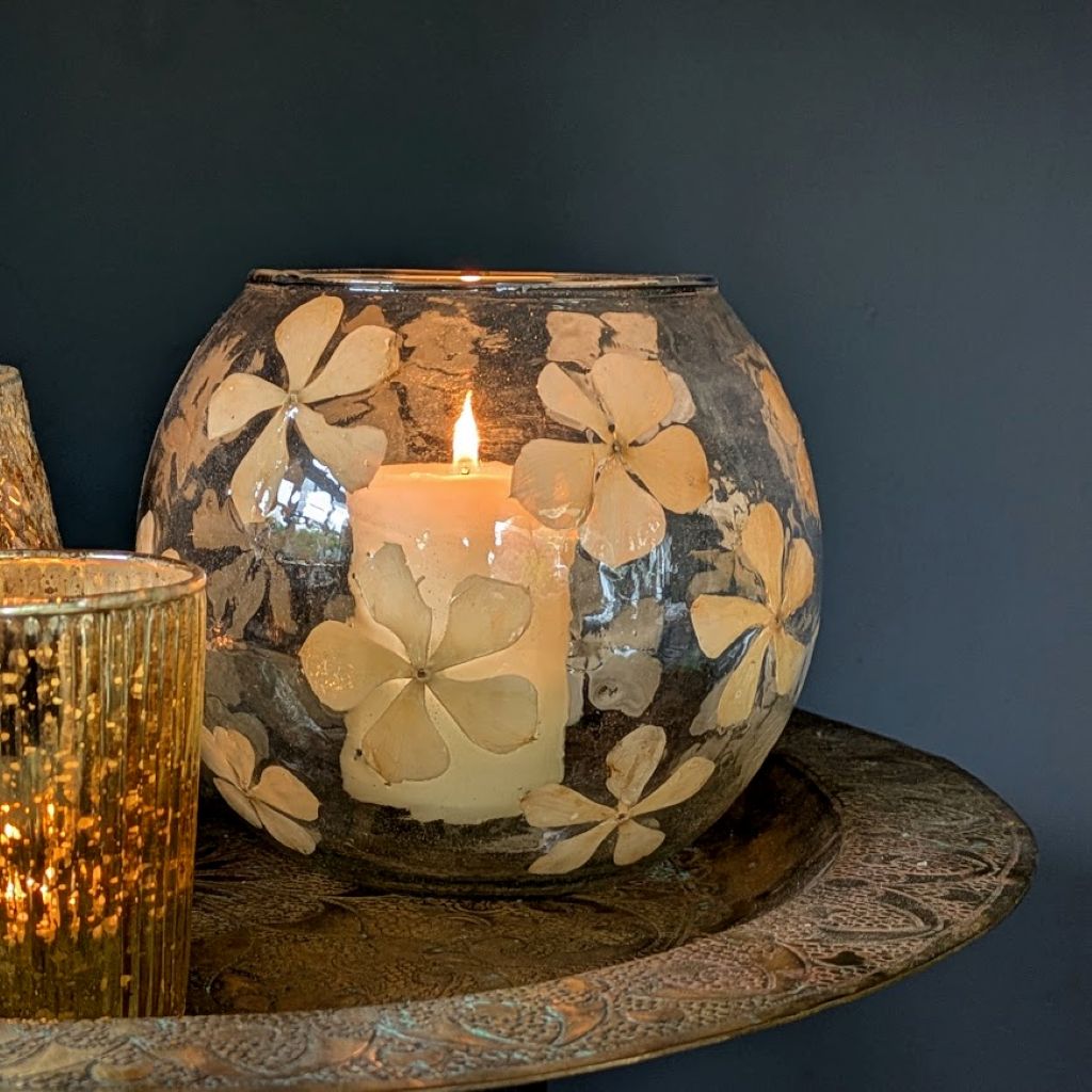 Round Glass Vase With Natural Embedded Flowers | 12cm