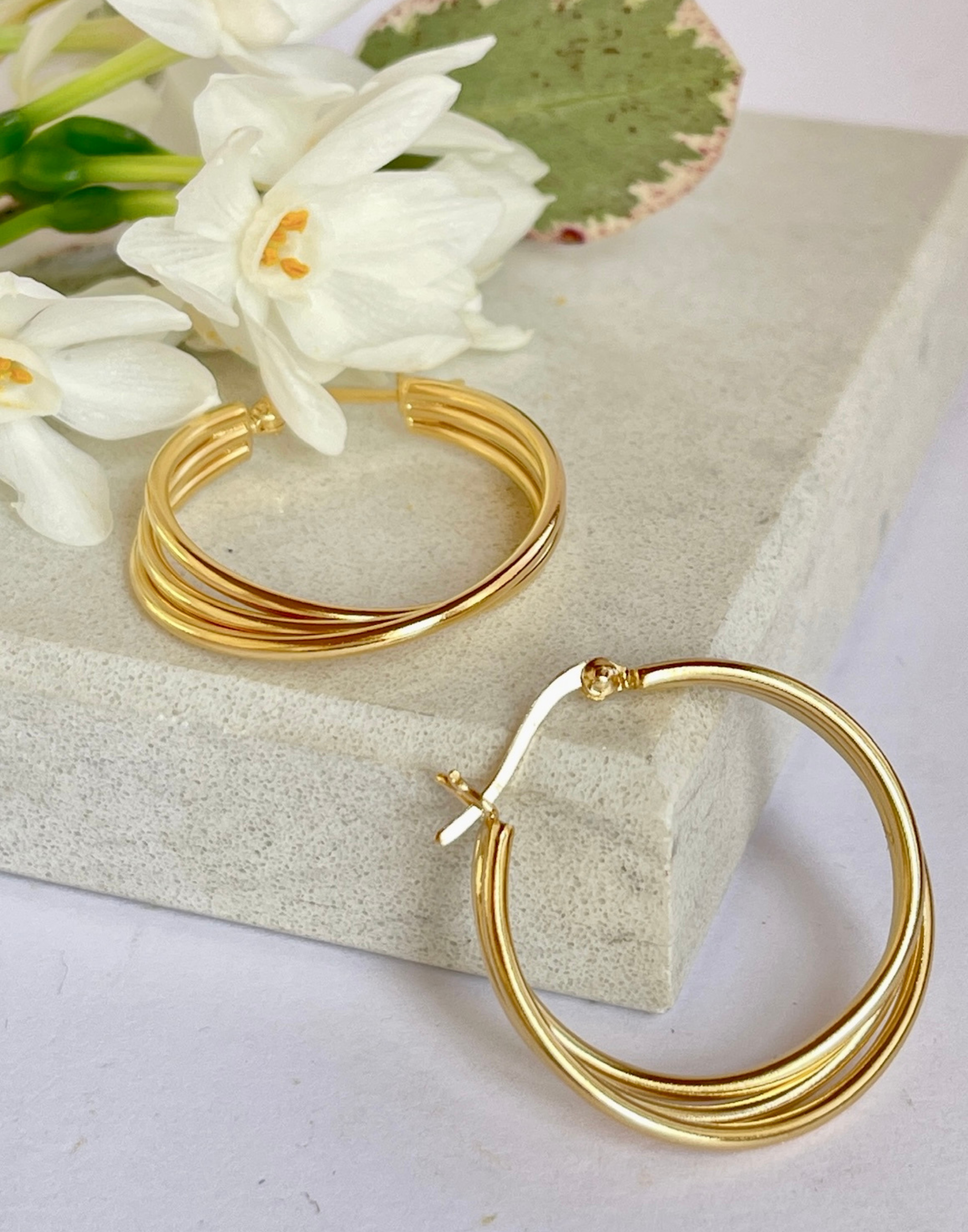 Gold Triple Ring Hoop Earrings