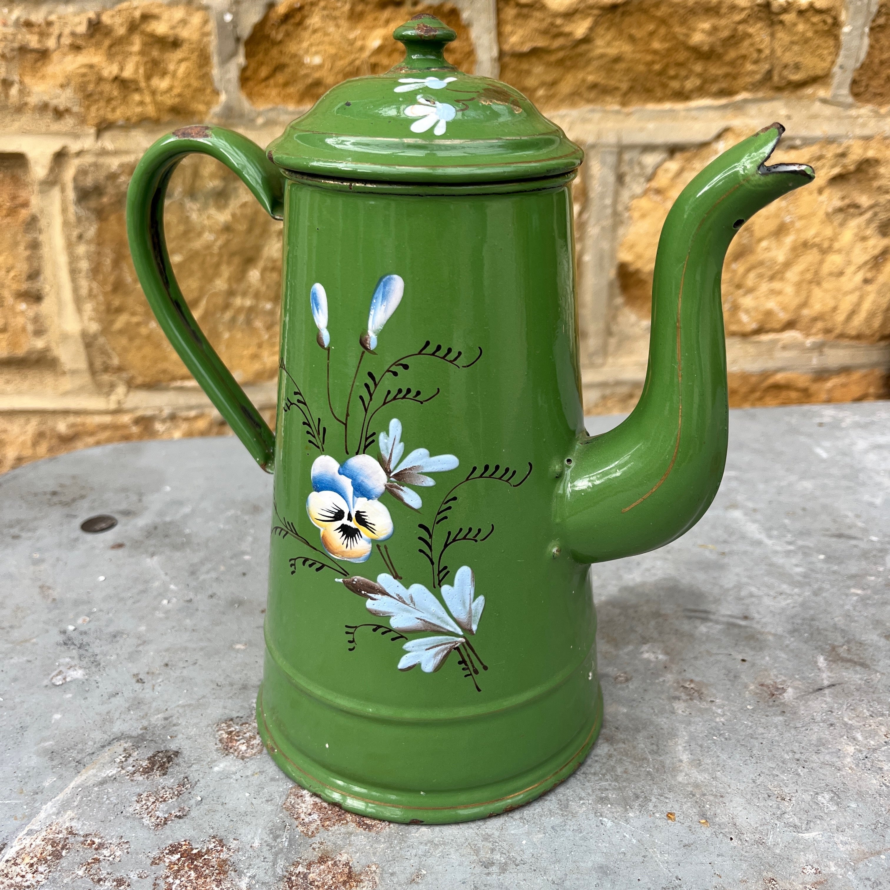Vintage French Green Enamel Coffee Pot