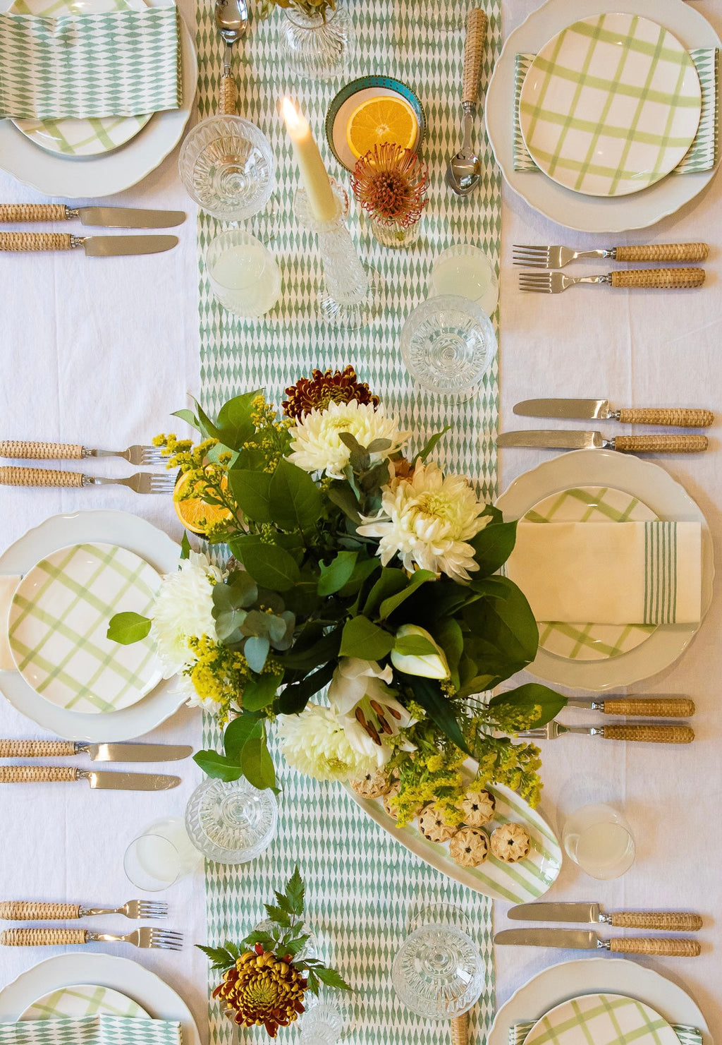 Sage Green Harlequin Pattern - Block Printed Cotton Table Runner