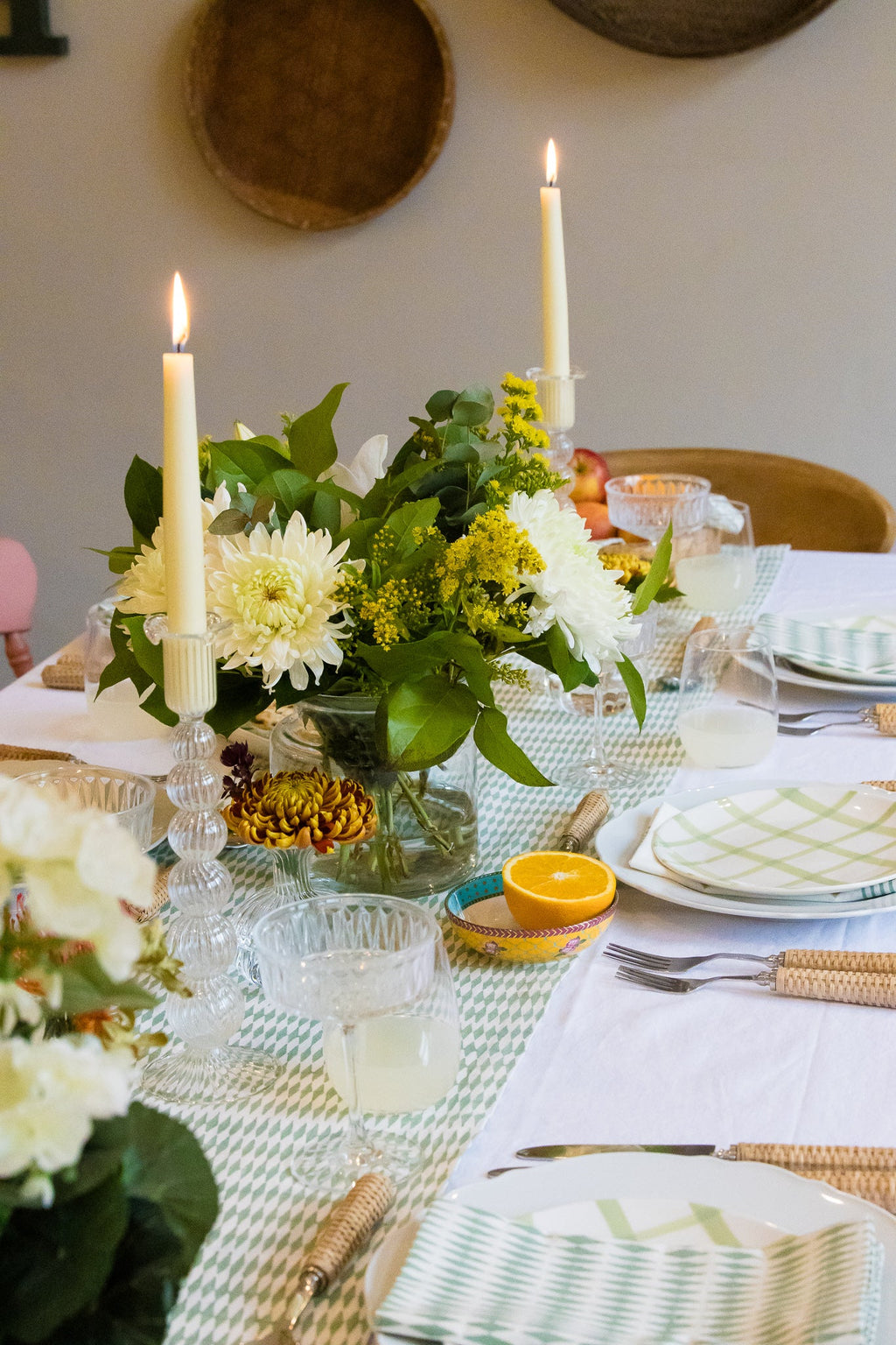 Sage Green Harlequin Pattern - Block Printed Cotton Table Runner