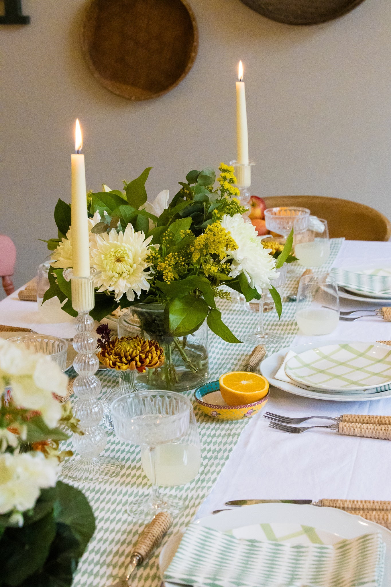 Sage Green Harlequin Pattern - Block Printed Cotton Table Runner