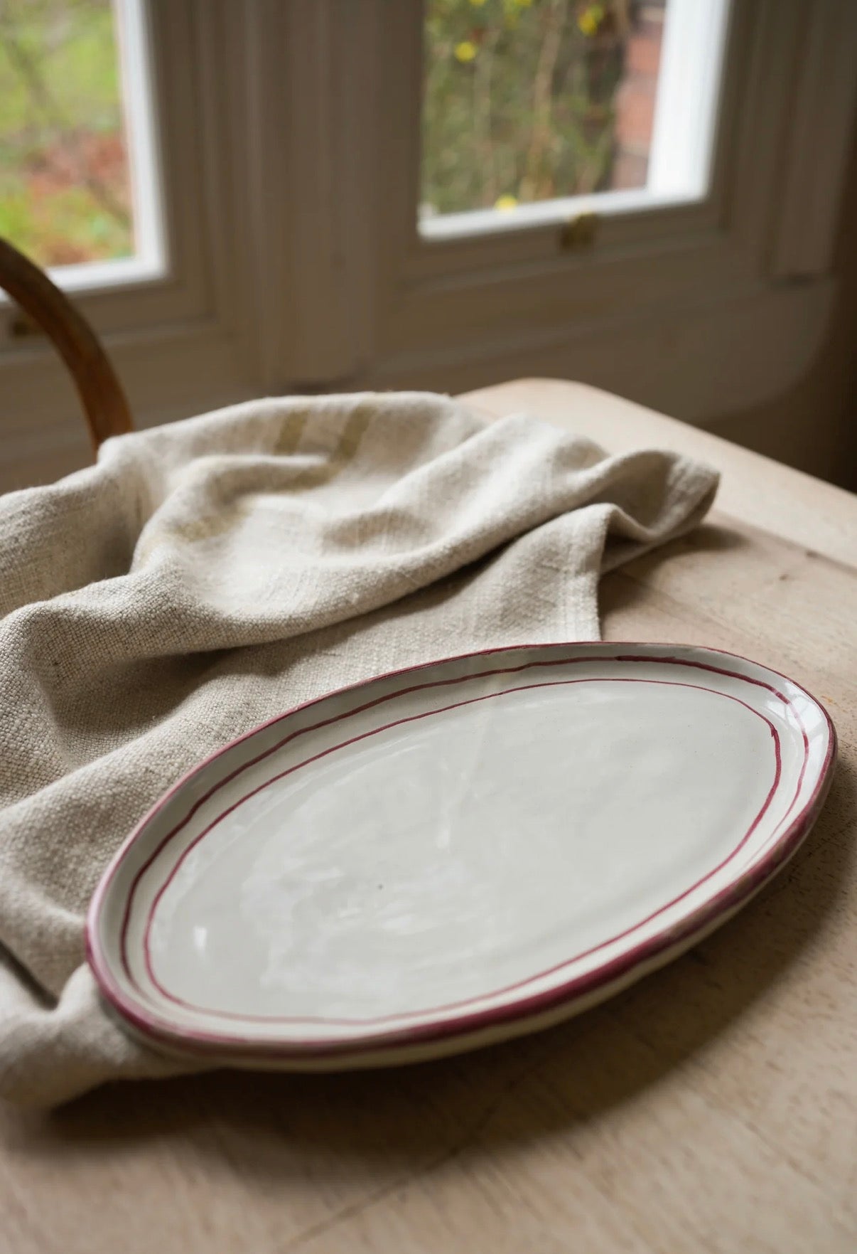 Hand Painted Red Stripe Stoneware Oval Platter&nbsp;