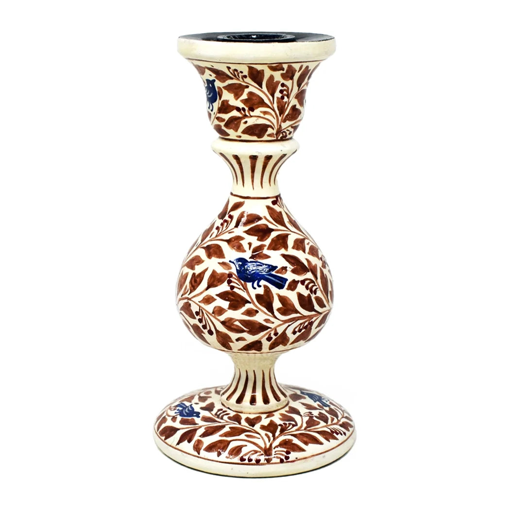 Hand Painted Kashmir Wooden Candle Stick | Bird and Holly