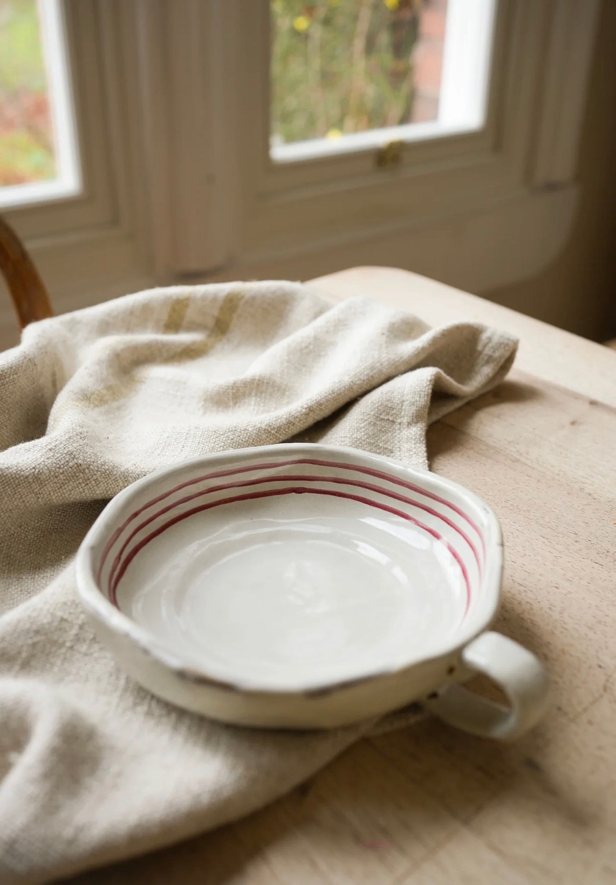 Hand Painted Red Stipe Stoneware Dish with handle