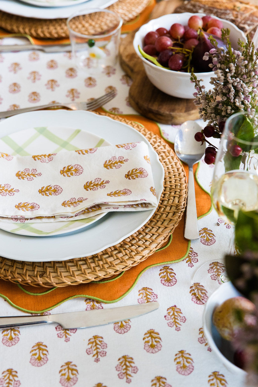 Ditsy Florals - Rose & Harvest Gold - Block Printed Cotton Napkins - Set of 4 (Pre-order November 1st )