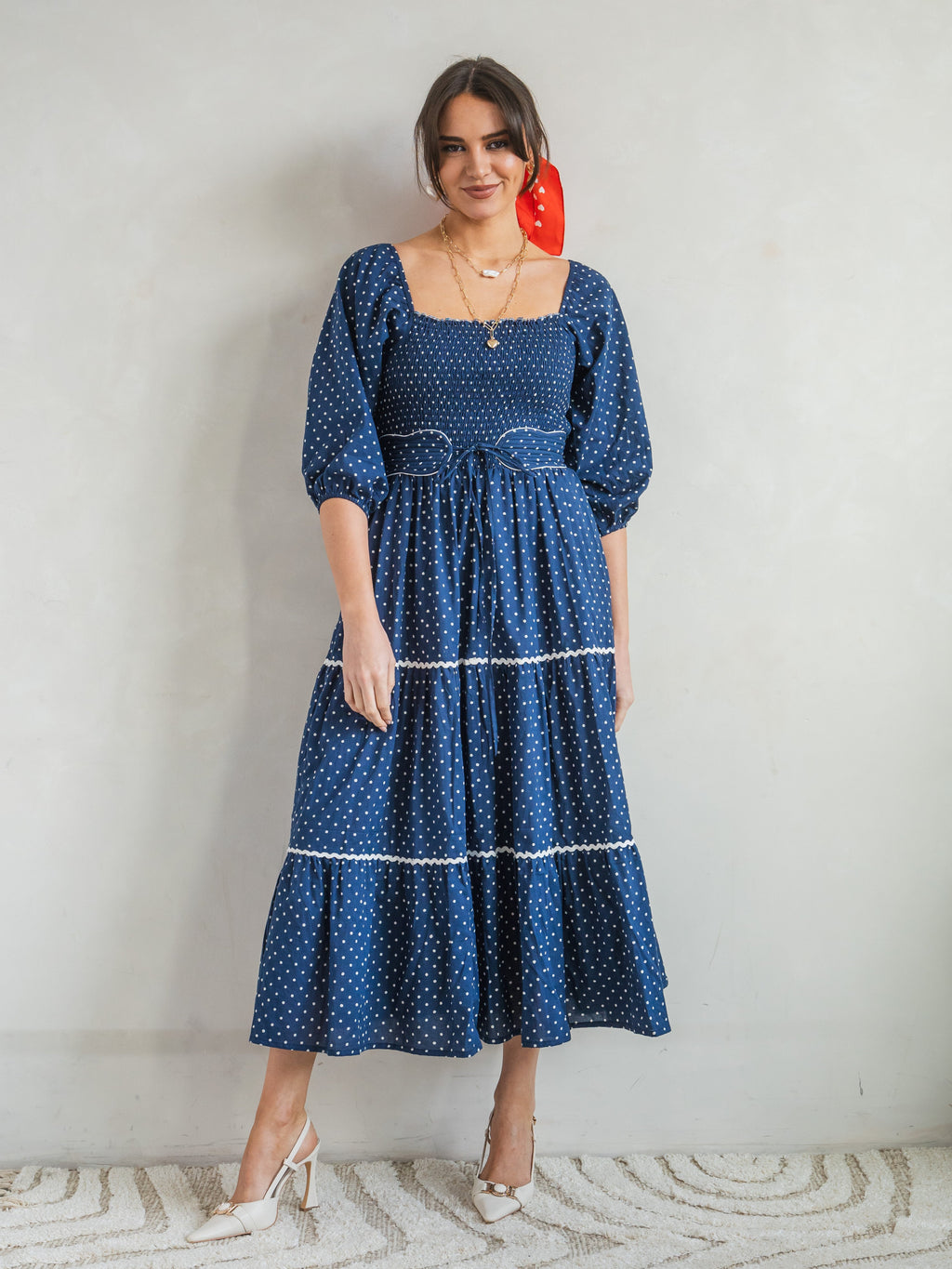 'HONOUR' DRESS IN NAVY DOT