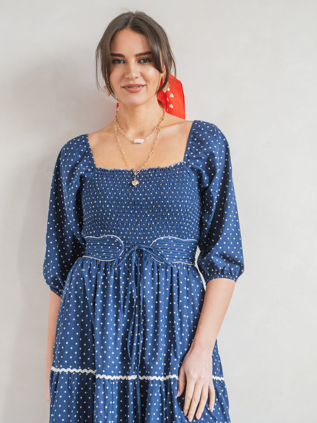 'HONOUR' DRESS IN NAVY DOT