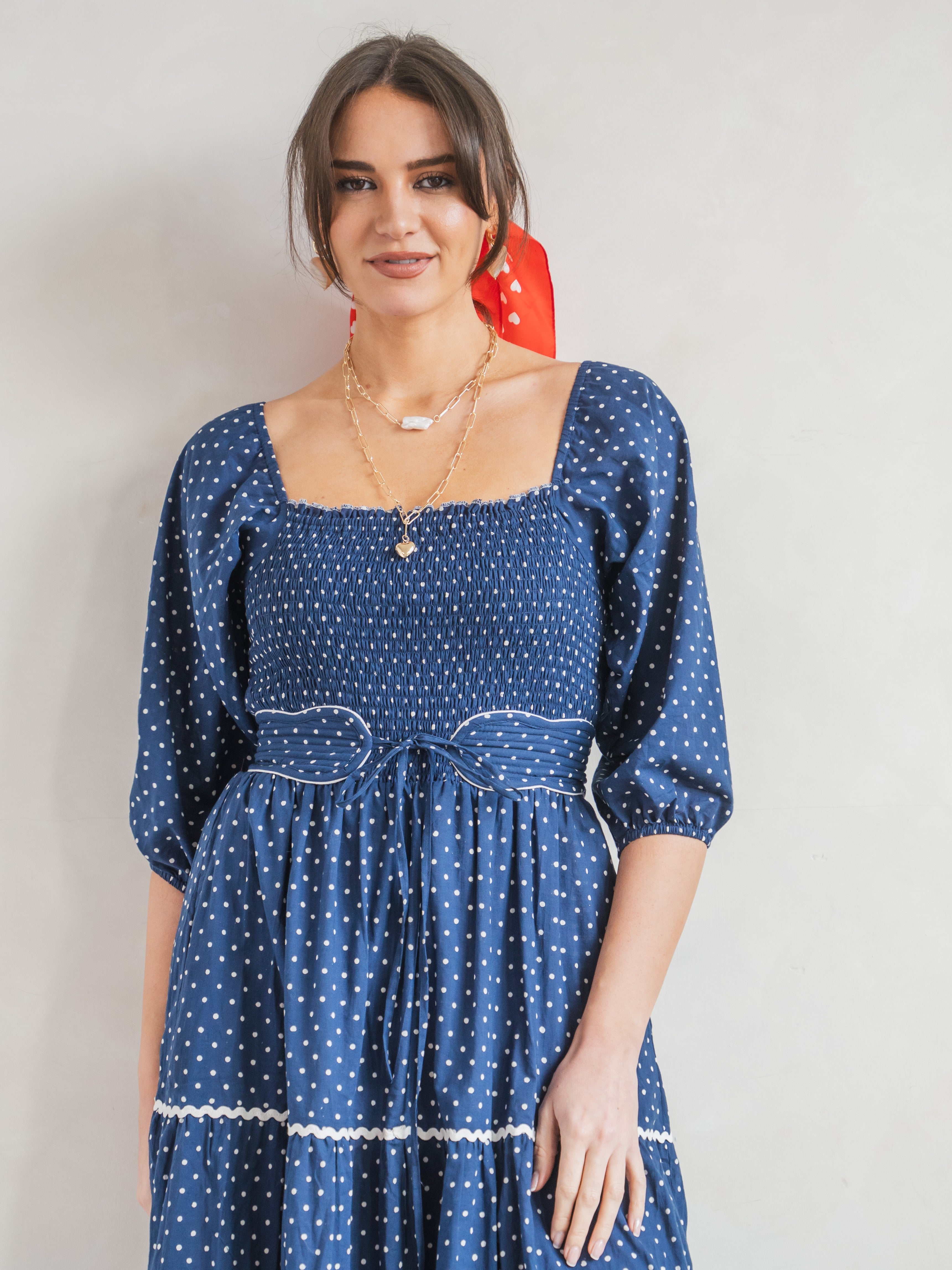 'HONOUR' DRESS IN NAVY DOT